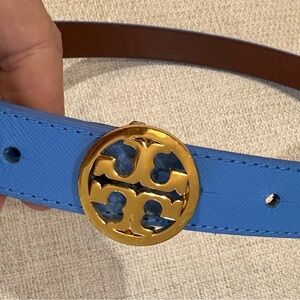 Tory Burch Blue Leather Belt with Gold Logo